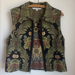 Vintage Tapestry Floral Zip-Front Vest - Black & Olive